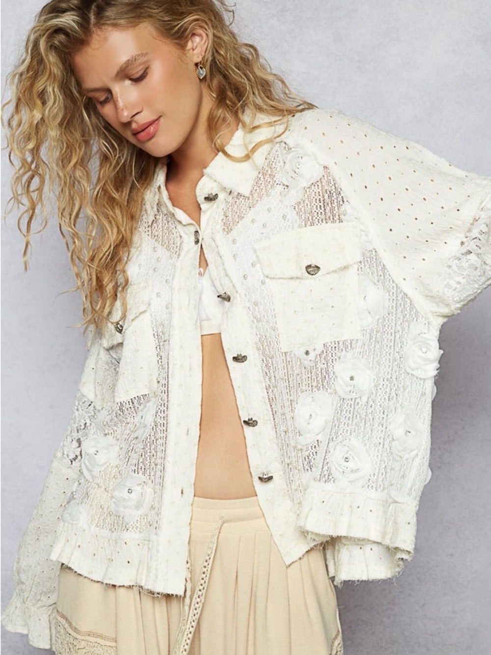 POL White Floral Appliqué Sheer Button-Up Jacket